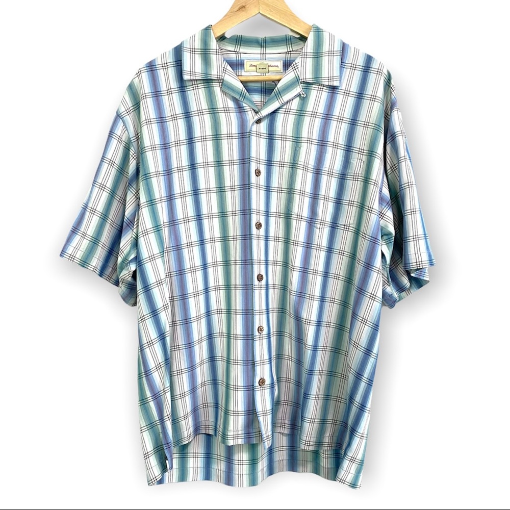 Tommy Bahama Mens Large 100% Silk Blue And White Plaid